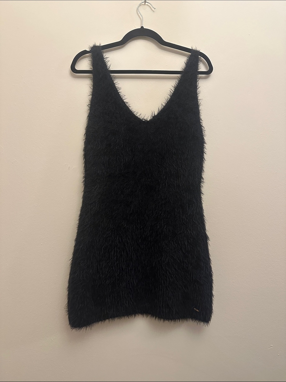 Savage X Fenty Black Fuzzy Bodycon Tank  Spaghetti Strap Mini Dress Sz L